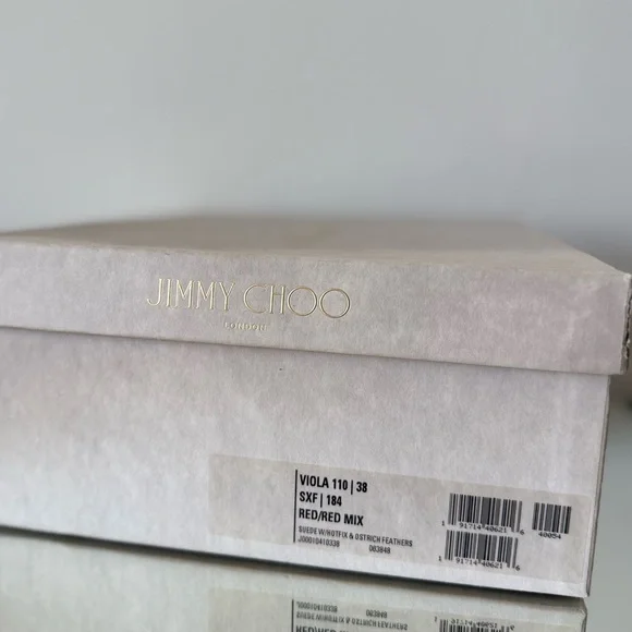 New Jimmy Choo VIOLA 110 Suede Crystal Sandals Red Ostrich Feather Tassel - Picture 14 of 17